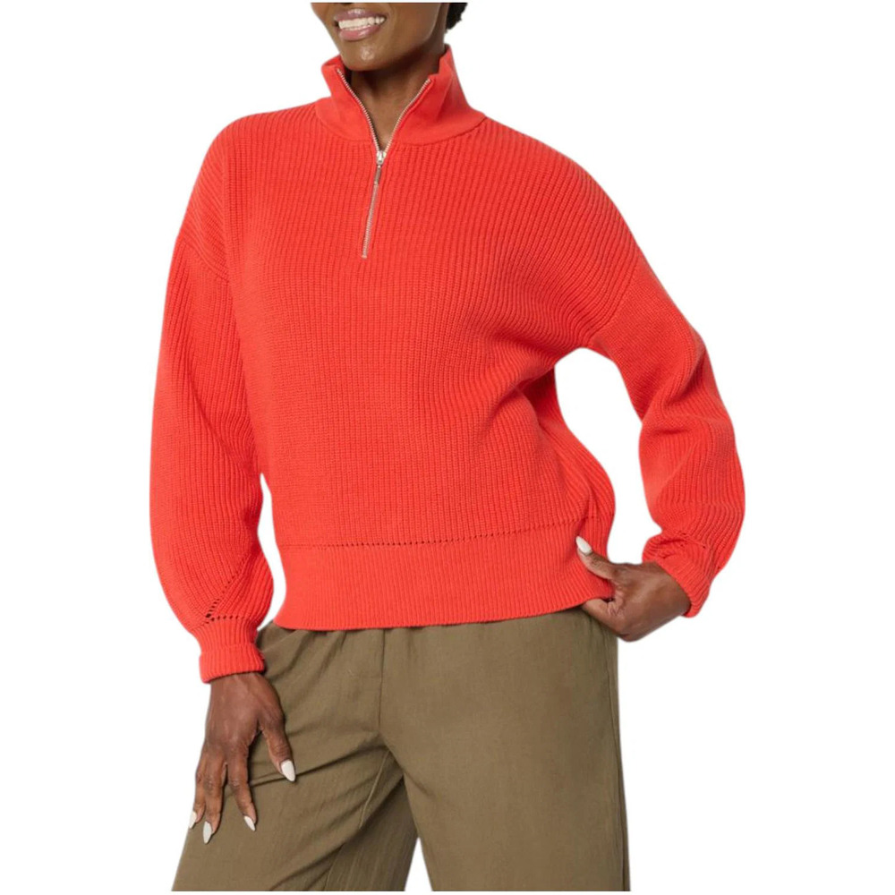 WynneCollection Women's Drama Sleeve Half-Zip Top Poppy - Regular